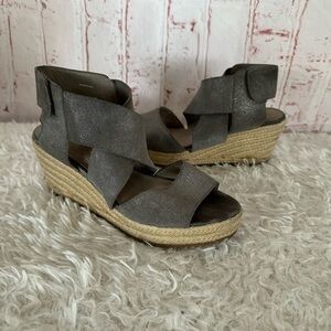Eileen Fisher Willow Sandals 7.5 Gray Platform Leather‎ Ankle Espadrille Wedge